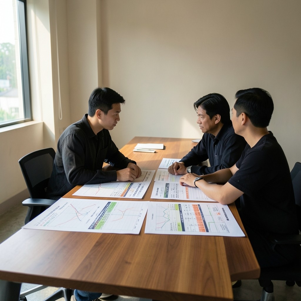 Consultant and operator reviewing unit comparison charts during a briefing